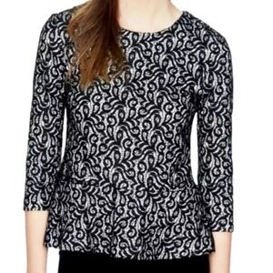 J.Crew Top Womens Medium Black White 3/4 Sleeve Peplum Zipper 07962